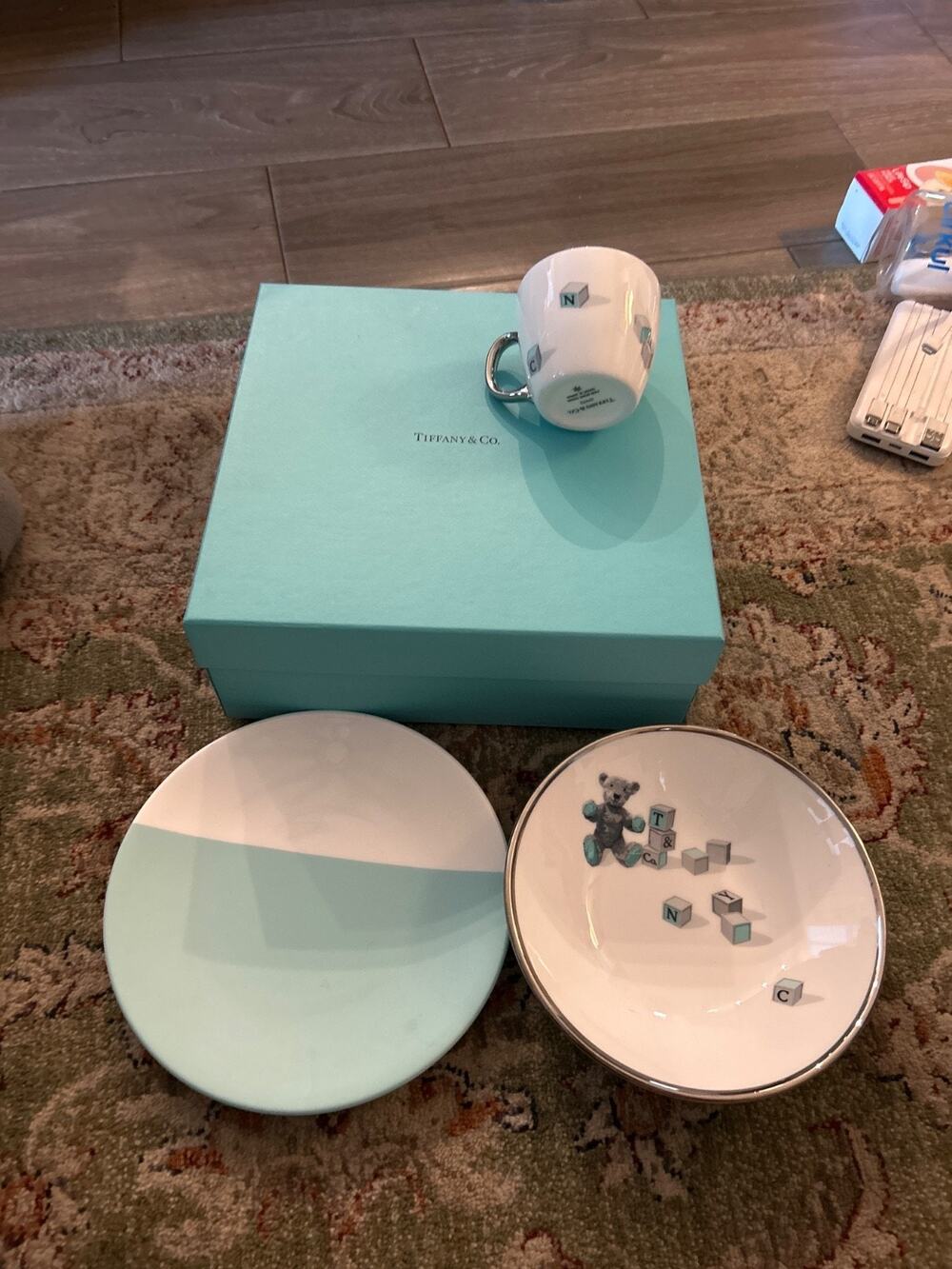 Tiffany & Co Bear Block 3 Piece Set Bone China Tableware Turquoise,White No Box